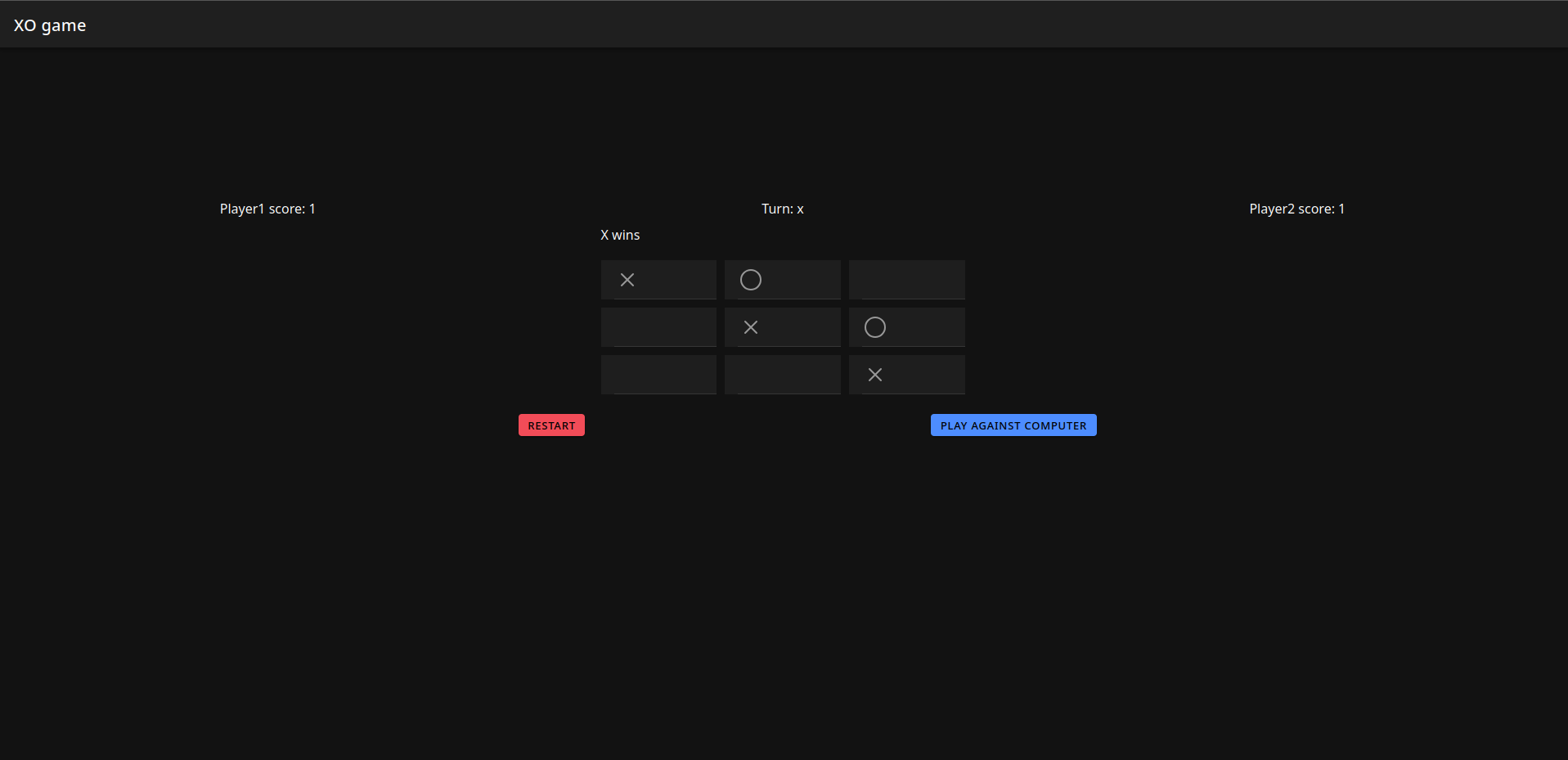 the interface of the tic tac toe game where the X player wins.